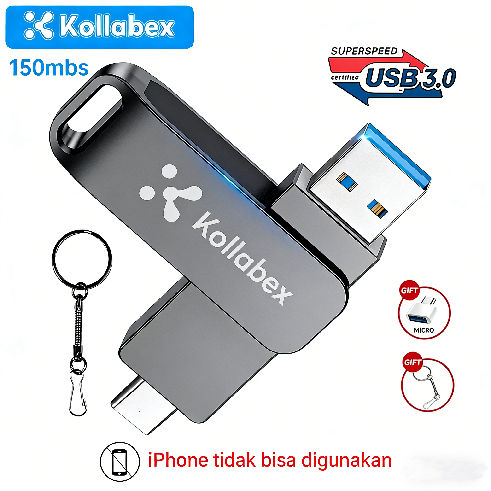 Kollabex USB3.0 3 in 1 OTG Metal Flash Drive Waterproof High Speed 2TB/1TB U Disk Pendrive for iPhone/typec/ipd