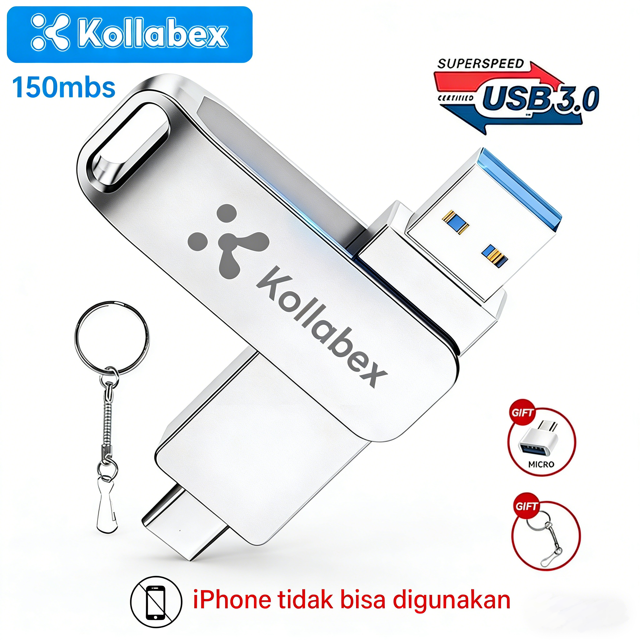 Kollabex USB3.0 3 in 1 OTG Metal Flash Drive Waterproof High Speed 2TB/1TB U Disk Pendrive for iPhone/typec/ipd